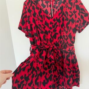SHEIN Plus Red Black Leopard Print Flutter Sleeve Belted Romper Jumpsuit 2XL